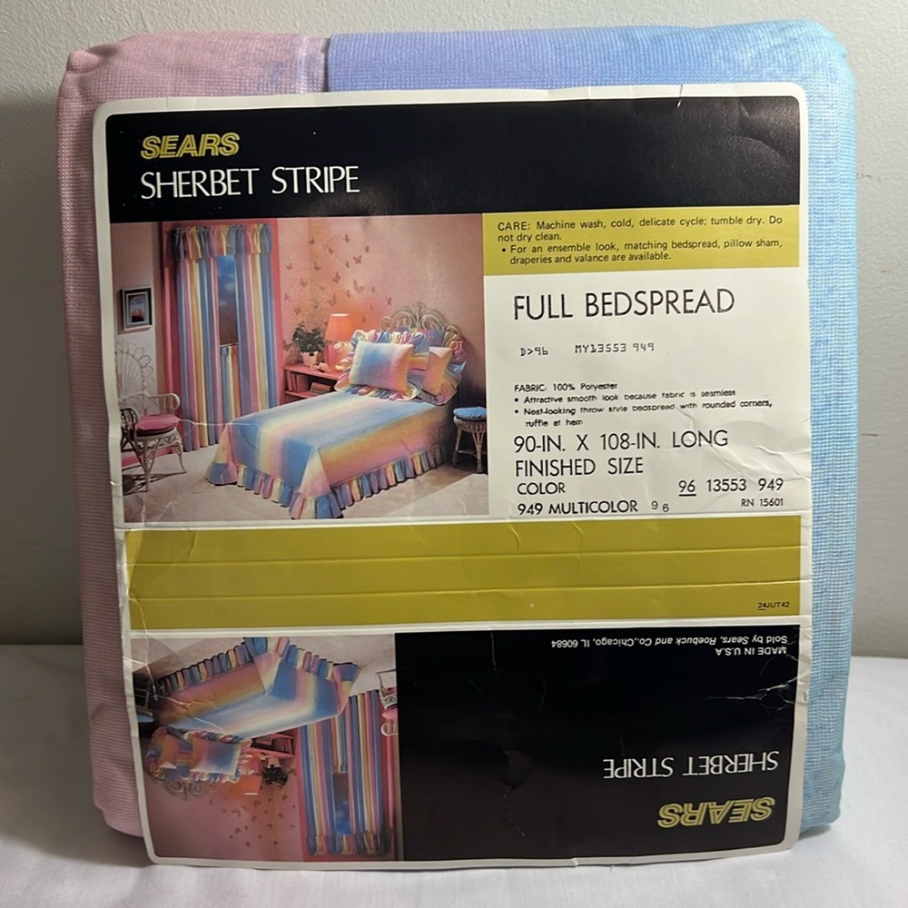 NEW Vintage Sears Rainbow Sherbet Stripe Full Size Bedspread